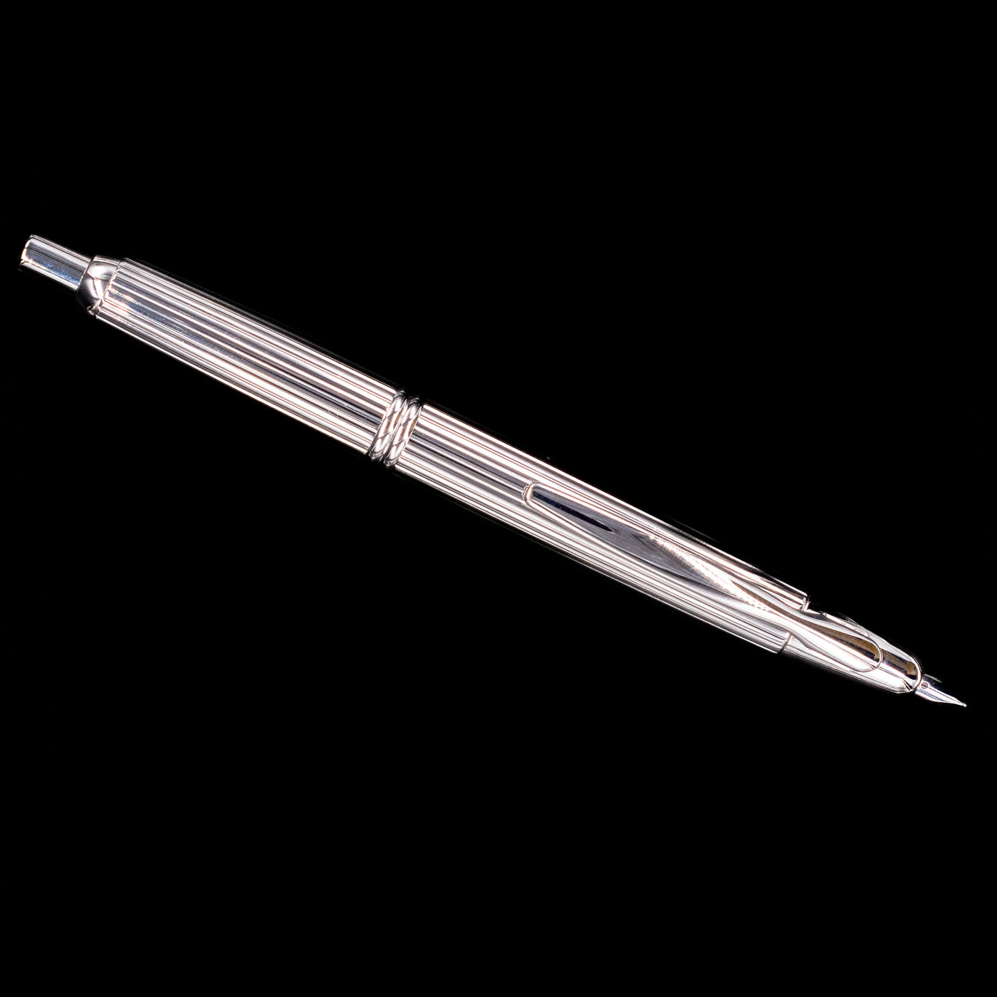 Full-length view of Pilot Vanishing Point Stripes Fountain Pen against black background