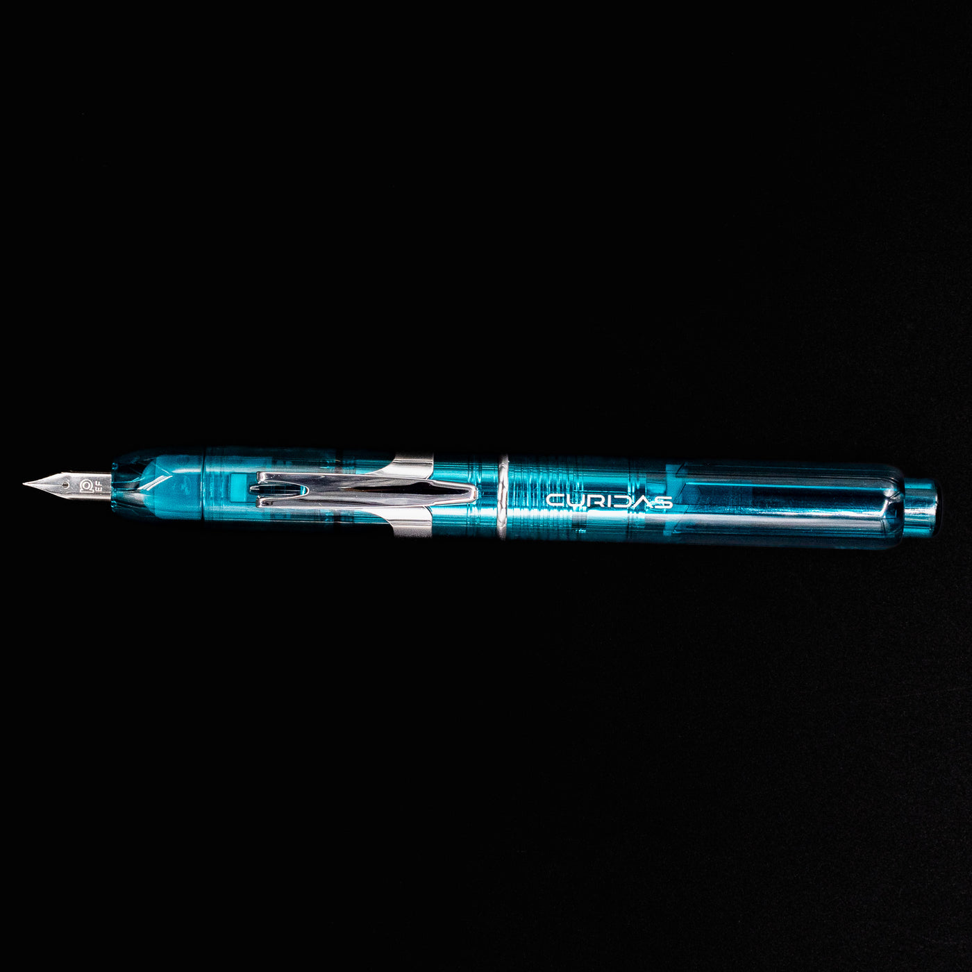 Full side view of the Platinum Curidas Fountain Pen - Urban Green with its cap retracted and nib extended.