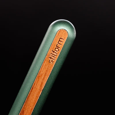 Stilform AEON Pencil Aurora Green - closeup of Stilform logo on barrel