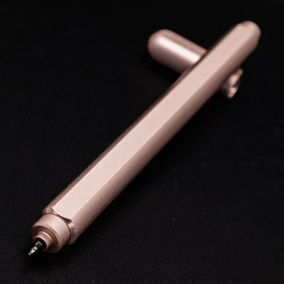 Stilform ARC Gel Pen Rose Moon Aluminum - tip closeup, uncapped and leaning toward camera