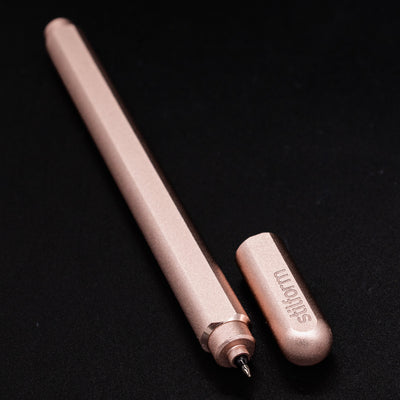 Stilform ARC Gel Pen Rose Moon Aluminum - uncapped angled view from overhead
