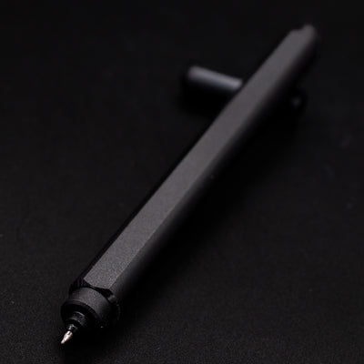 Stilform ARC Gel Pen Titanium DLC - tip closeup, uncapped and leaning toward camera