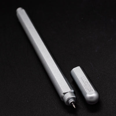 Stilform ARC Gel Pen Warp Black - uncapped angled view from overhead