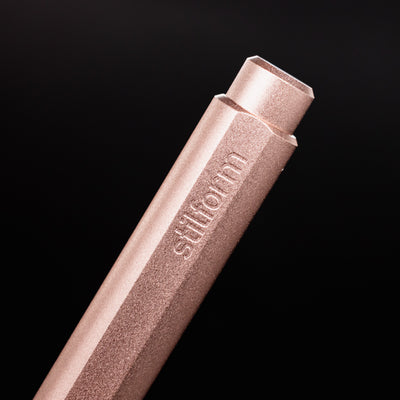 Stilform FLOW Rollerball Pen Rose Moon Aluminum - closeup of Stilform logo on barrel