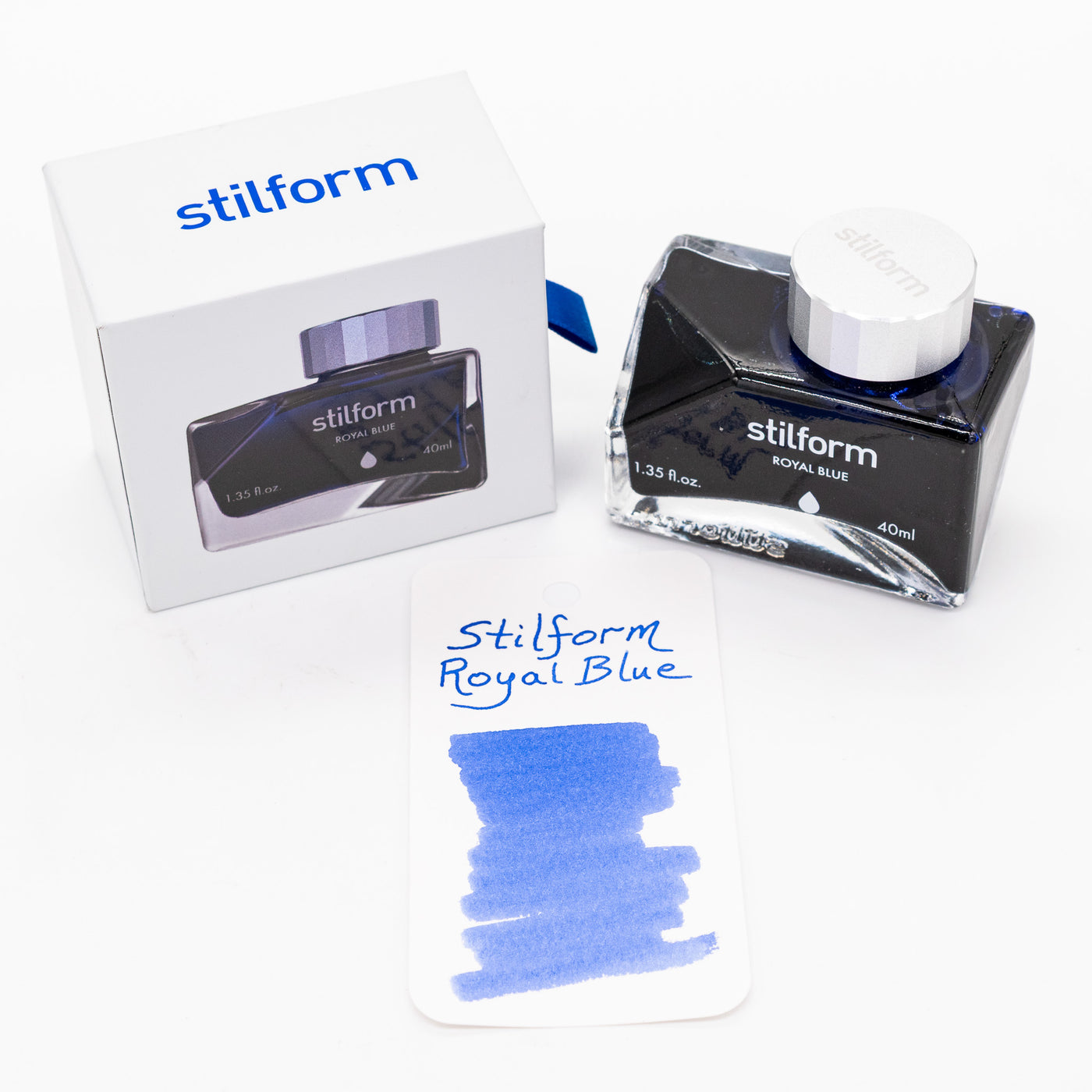Stilform Ink Bottle Royal Blue – 40ml bottle with ink swatch sample