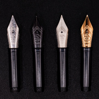 Stilform INK Fountain Pen nib options guide showing Extra Fine, Fine, Medium, and Broad nib sizes in Steel, Titanium, and 14K Gold