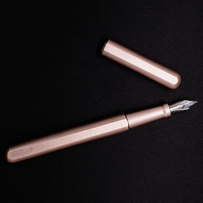 Stilform INK Fountain Pen Rose Moon Aluminum – full overhead view, uncapped