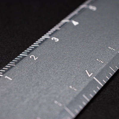 Stilform Ruller Comet Grey Aluminum - closeup of metric and imperial measurements