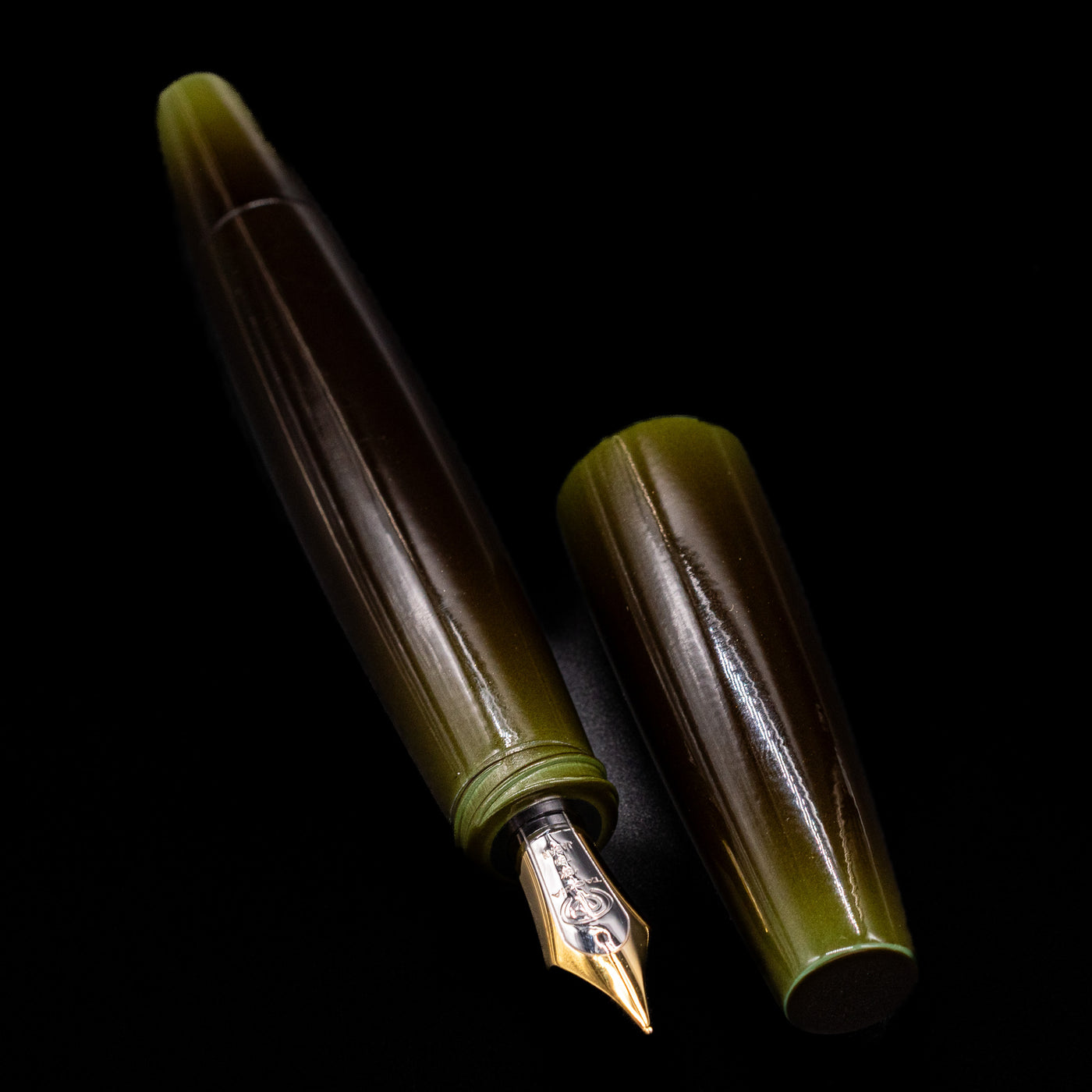 Open Taccia Olive Green Urushi Fountain Pen showing barrel and cap with green-to-brown color shift
