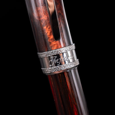 Close-up of the engraved "Inferno" cap band on the Visconti Comedia Fountain Pen - Inferno edition