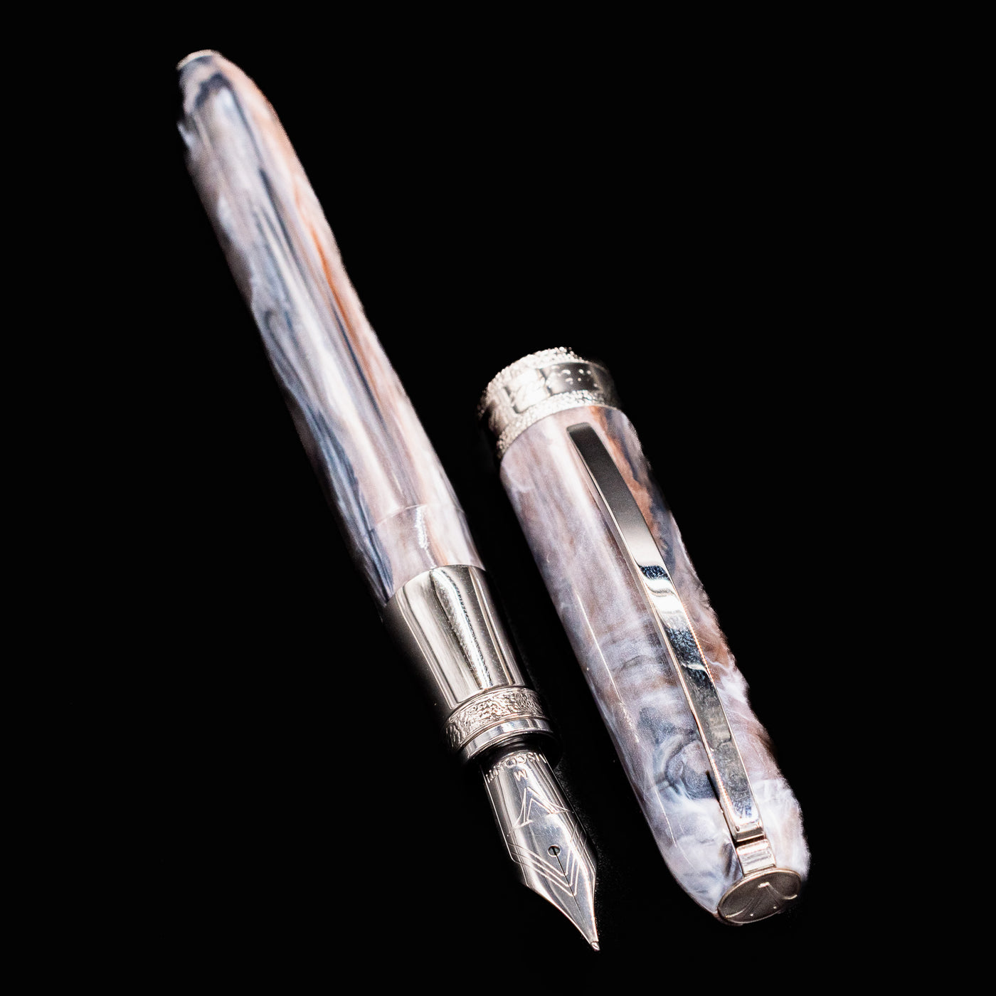 Open Visconti Comedia Purgatorio fountain pen with swirling grey and copper marbled resin