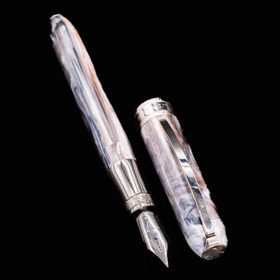 Open Visconti Comedia Purgatorio fountain pen with swirling grey and copper marbled resin