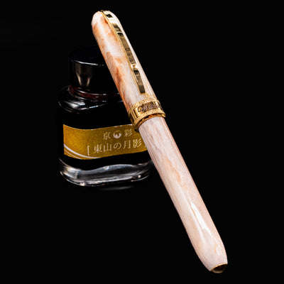 Side view of capped Visconti Comedia Virgilio Fountain Pen with ink bottle