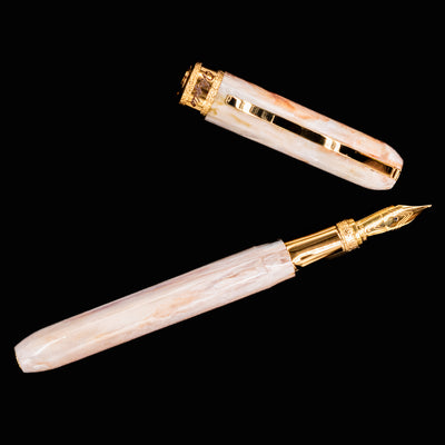 Full-length image of uncapped Visconti Comedia Virgilio Fountain Pen with gold trim