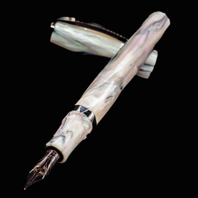 Angled view of Visconti Divina Abalone Serial #1 Fountain Pen showing detailed nib and barrel