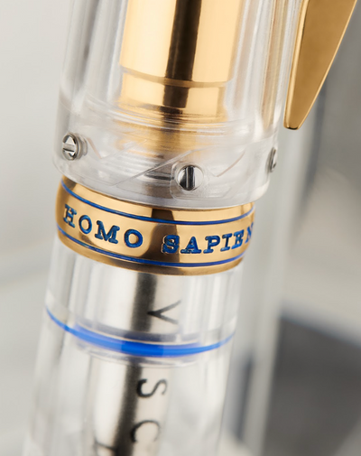 Visconti Homo Sapiens Full Demo Fountain Pen center band with gold and blue "Homo Sapiens" engraved