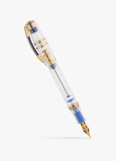 Diagonal view of the posted Visconti Homo Sapiens Full Demo Fountain Pen showcasing blue feed