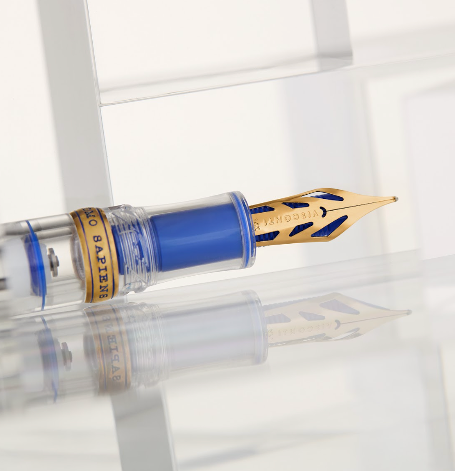 Skeletonized gold nib and blue feed detail on the Visconti Homo Sapiens Full Demo Fountain Pen
