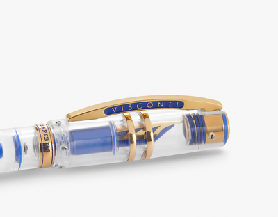Detailed view of the skeletonized 14k gold nib on the Visconti Homo Sapiens Full Demo Fountain Pen while the pen is capped