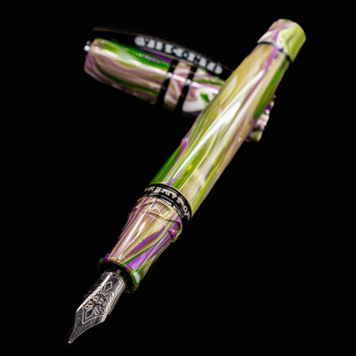 Close-up of Visconti Homo Sapiens Lotus Garden nib and marbled resin cap