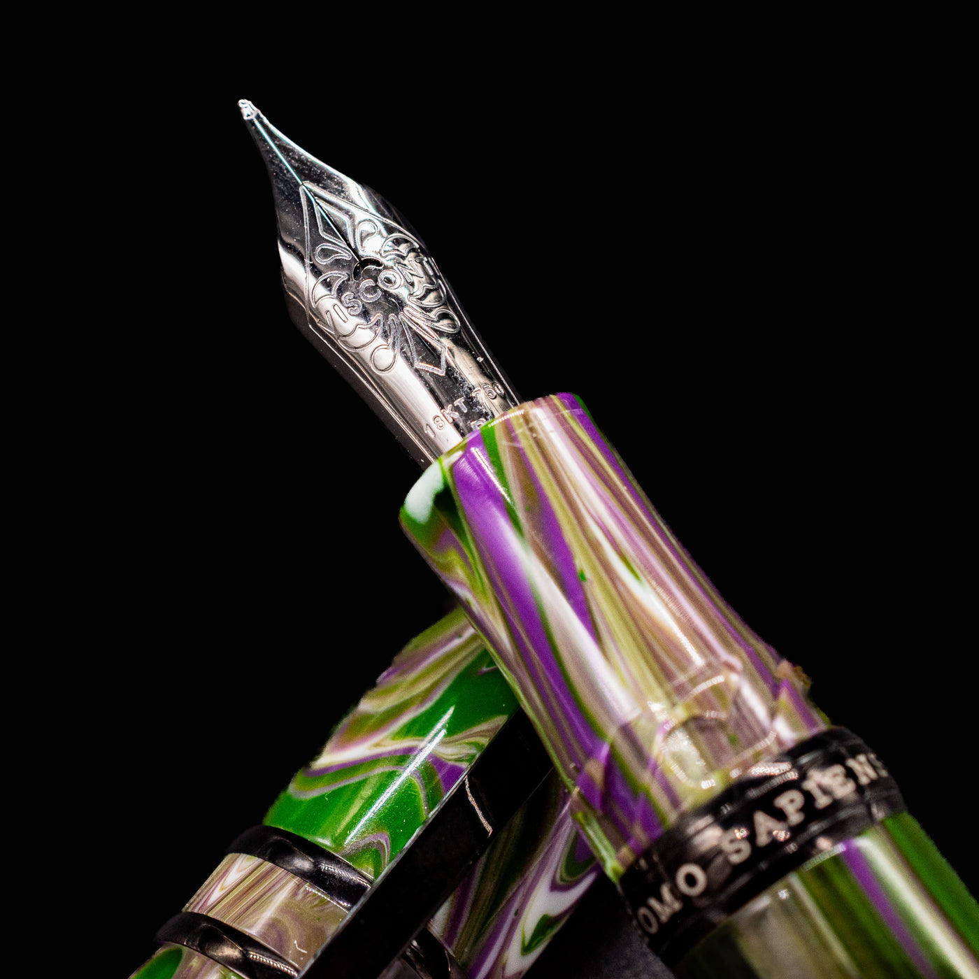Macro shot of Visconti Homo Sapiens Lotus Garden silver nib with engraved floral detailing