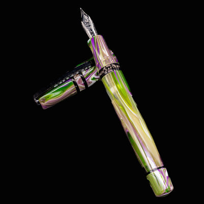 Visconti Homo Sapiens Lotus Garden Fountain Pen open with cap positioned behind on black background