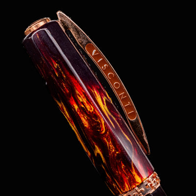 Visconti Medici Palazzo Pitti Fountain Pen cap close-up showing vivid resin pattern and engraved clip