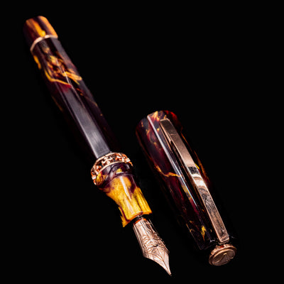 Flat lay of Visconti Medici Palazzo Pitti Fountain Pen with cap removed, highlighting nib and resin detail