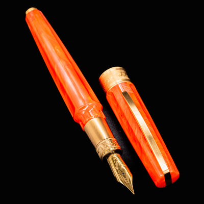 Visconti Mirage Mythos Fountain Pen Demeter uncapped with cap placed beside, displaying warm-toned acrylic and clip