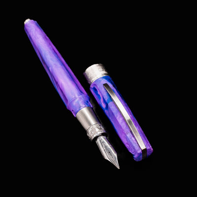 Front view of uncapped Visconti Mirage Mythos Fountain Pen in Persephone with nib and cap fully visible
