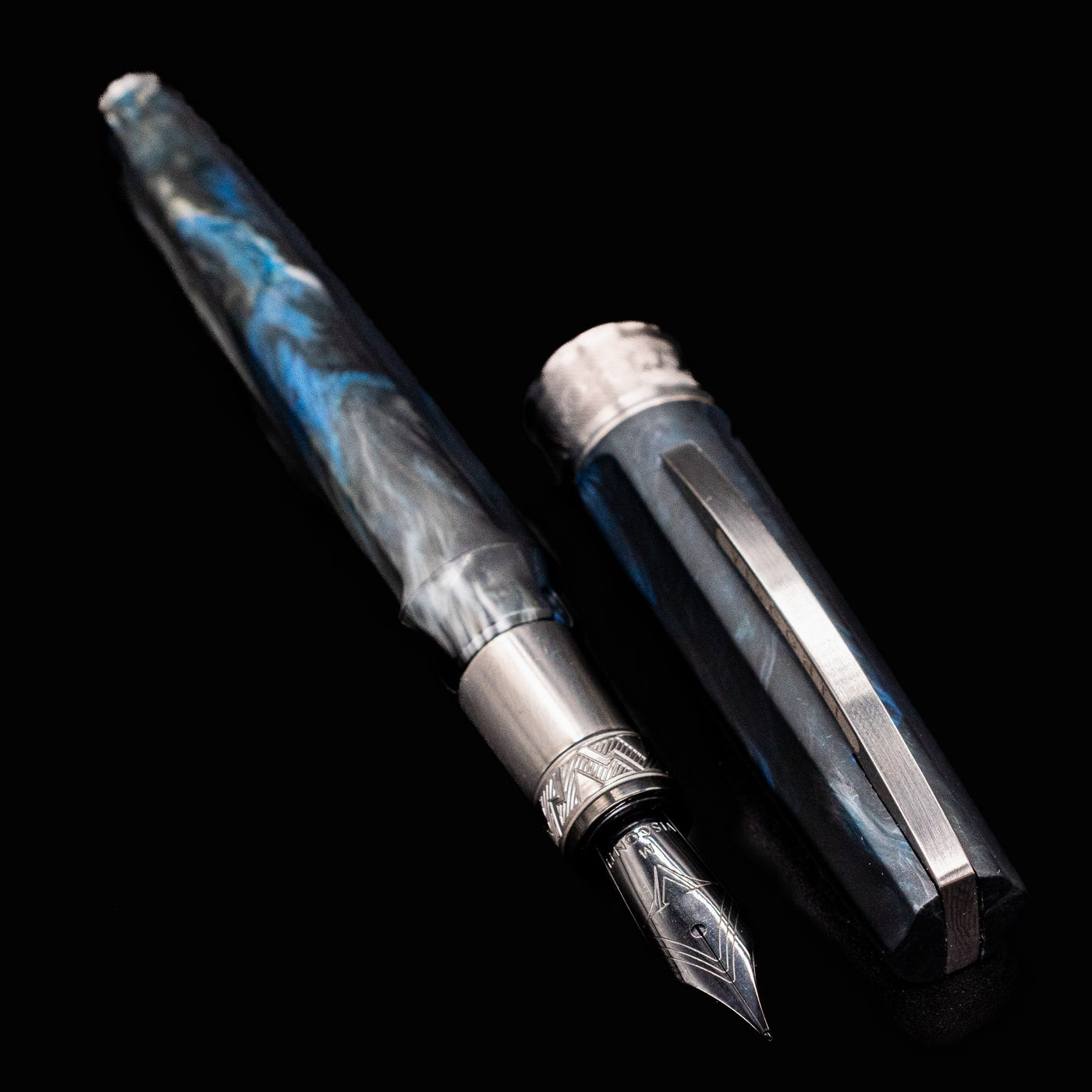 Visconti Mirage Mythos Poseidon Fountain Pen with the cap removed and placed next to the pen