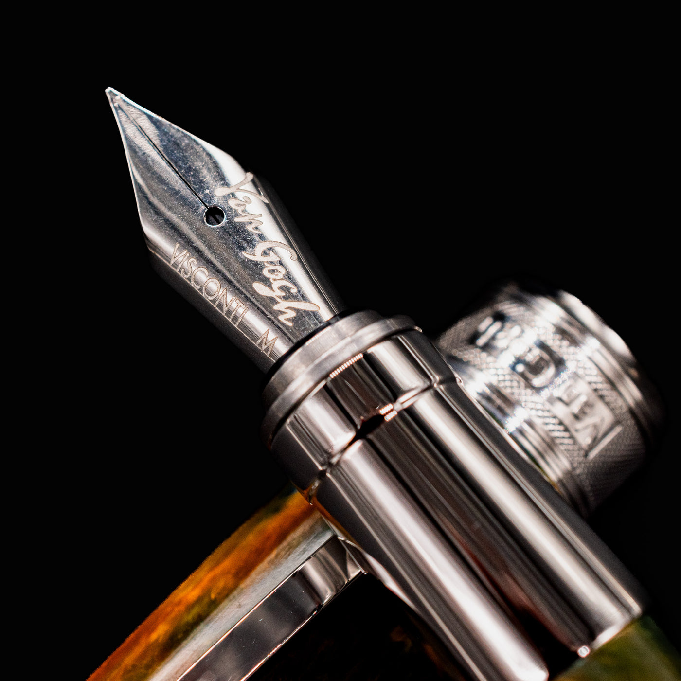 Detailed view of Visconti Van Gogh fountain pen nib engraved with Van Gogh and Visconti logos