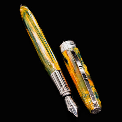 Visconti Van Gogh Café Terrace fountain pen uncapped with silver grip section and marbled resin