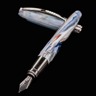 Close-up of Visconti Van Gogh Old Vineyard with Peasant Woman Fountain Pen nib and swirled resin body