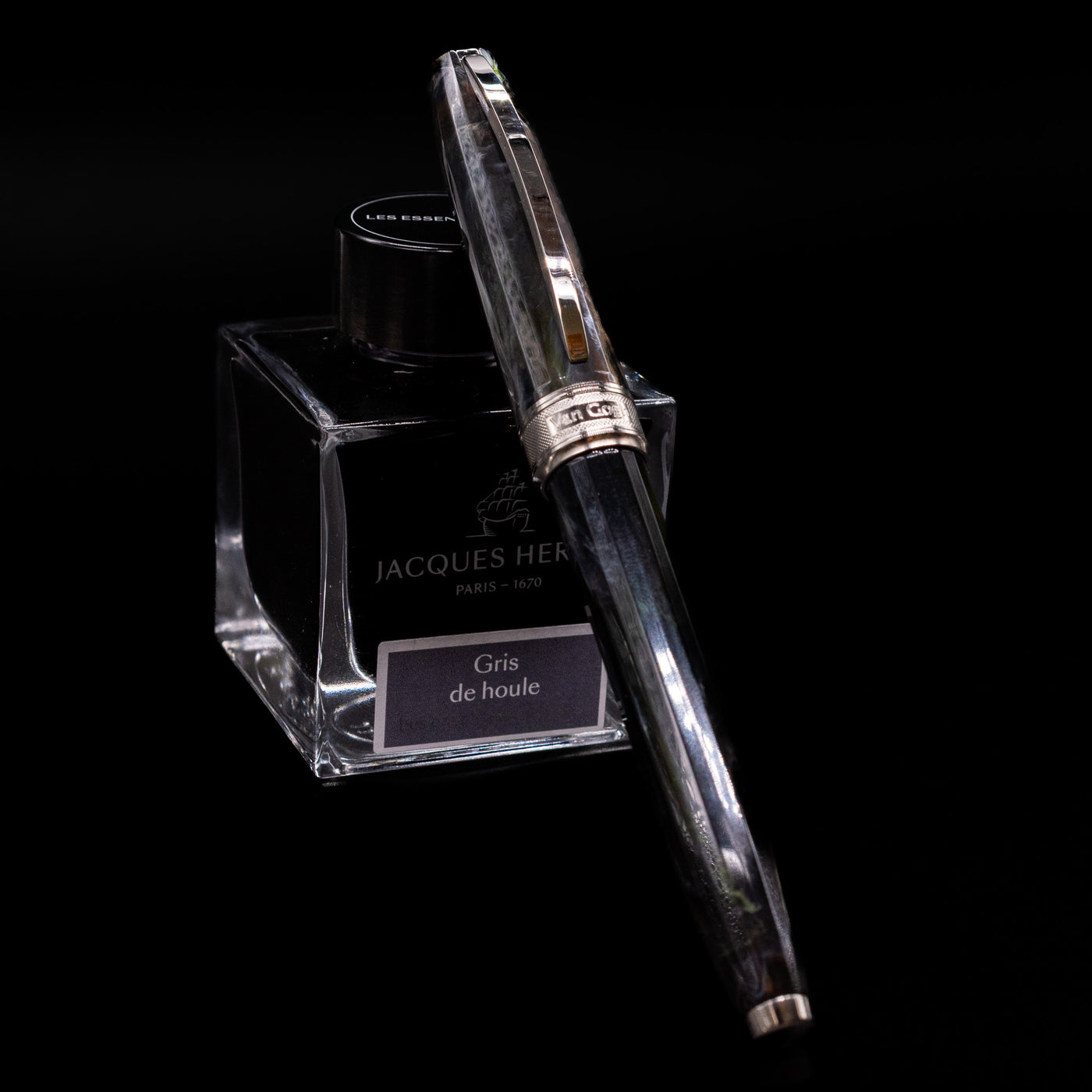 Visconti Van Gogh The Potato Eaters Fountain Pen in full view with swirling blue, green, and brown resin