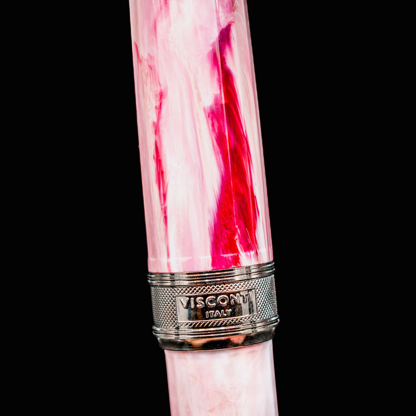 Macro of Visconti Van Gogh Souvenir de Mauve pen band showing Italy engraving and marbled finish