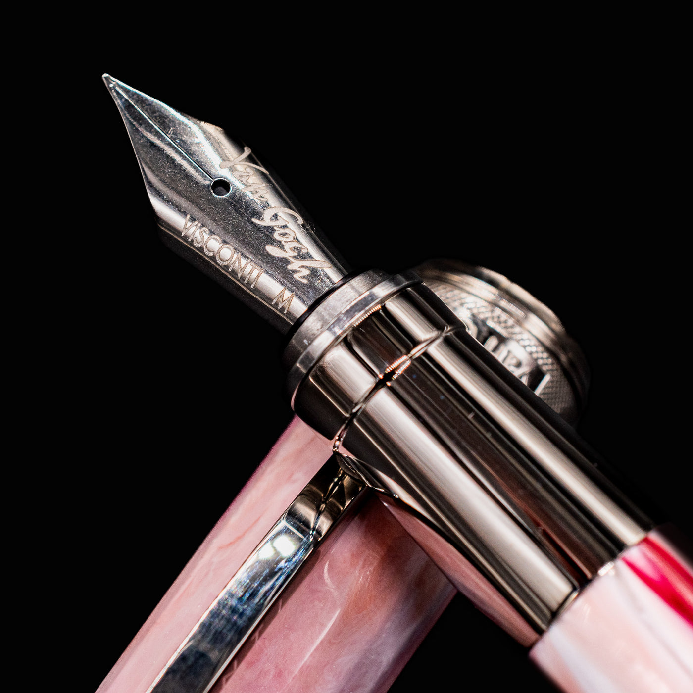 Detailed close-up of Visconti Van Gogh Souvenir de Mauve nib engraved with Van Gogh logo