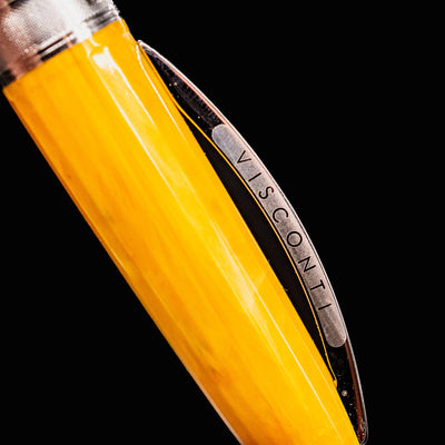Close-up of Visconti Van Gogh Sunflowers Fountain Pen arched clip engraved with Visconti branding