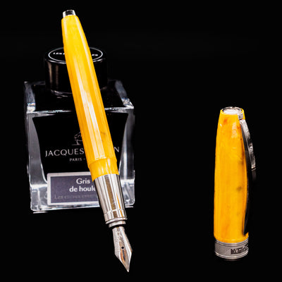 Visconti Van Gogh Sunflowers Fountain Pen uncapped and resting beside Jacques Herbin ink bottle