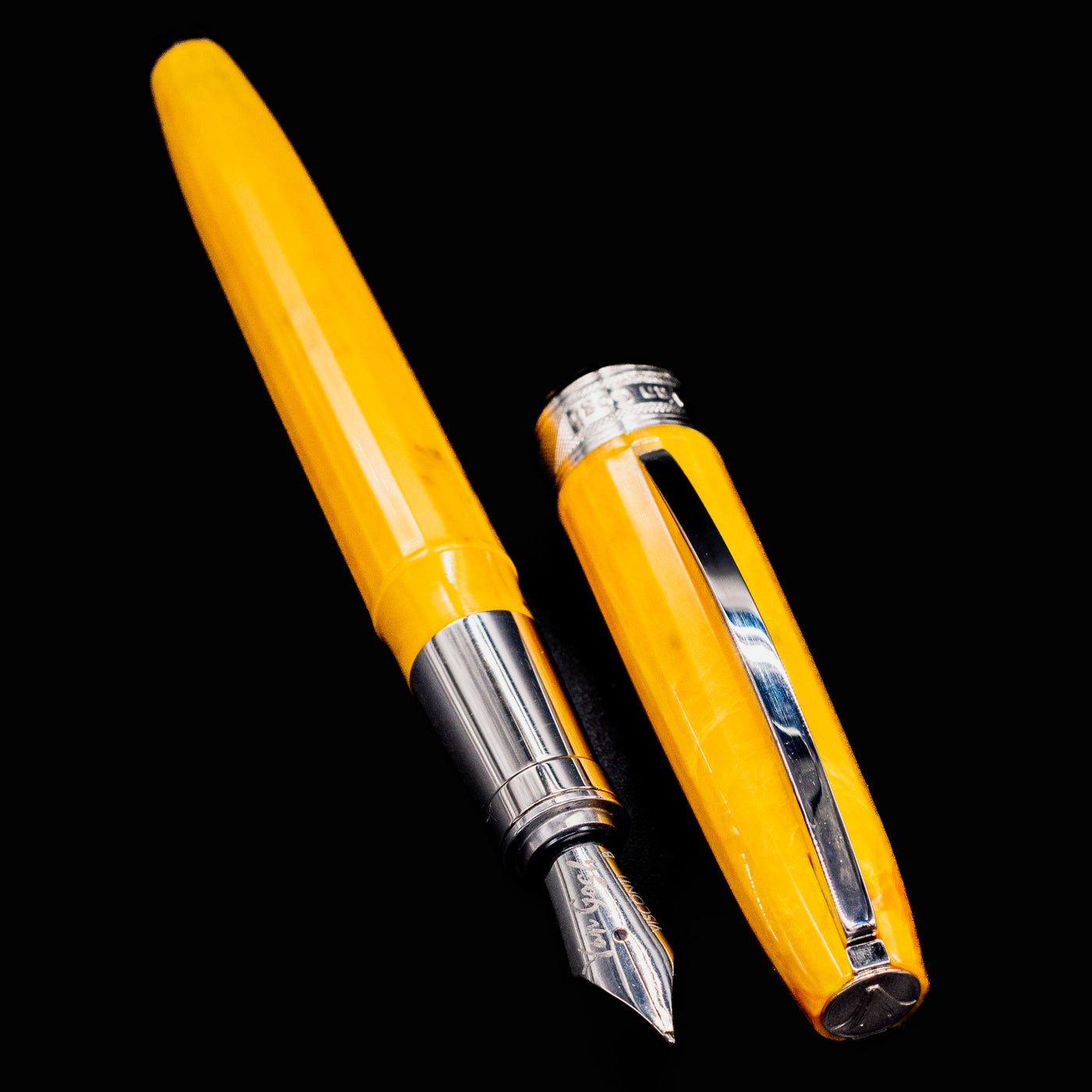Top view of Visconti Van Gogh Sunflowers Fountain Pen with cap removed, showing nib and resin barrel