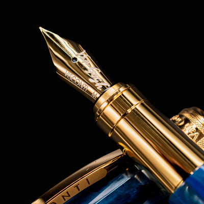 Detailed macro of Visconti Van Gogh Wheatfield with Crows gold-plated nib engraved with Van Gogh signature.