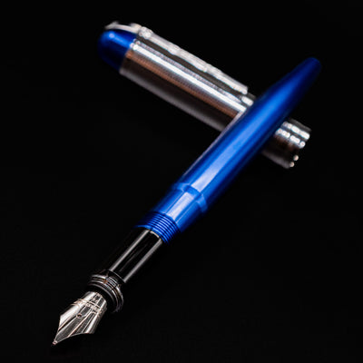 Focused angled shot of the Wahl Eversharp Skyline Fountain Pen - Blue & Chrome showing nib and body.