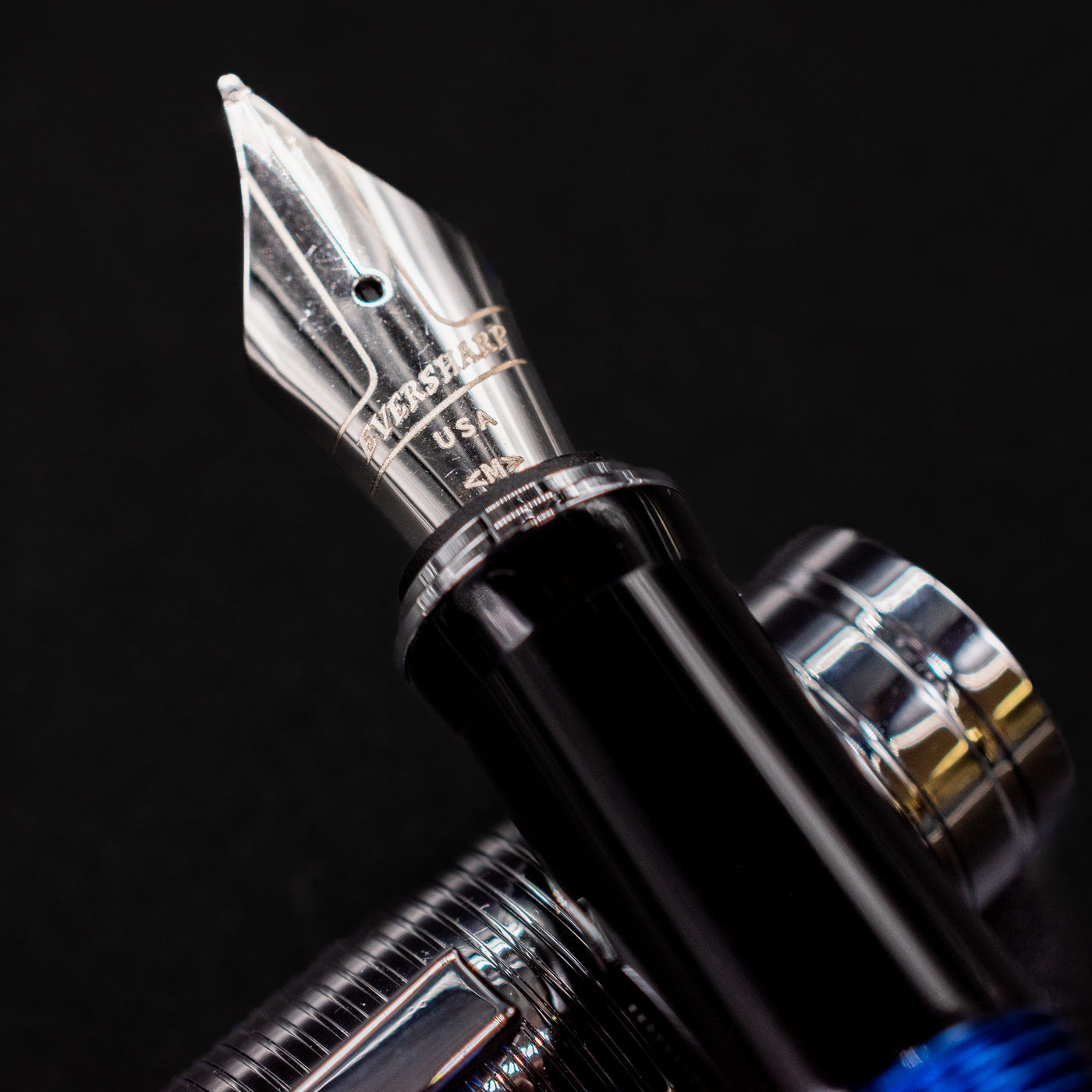Close-up of the polished chrome nib on the Wahl Eversharp Skyline Fountain Pen - Blue & Chrome.
