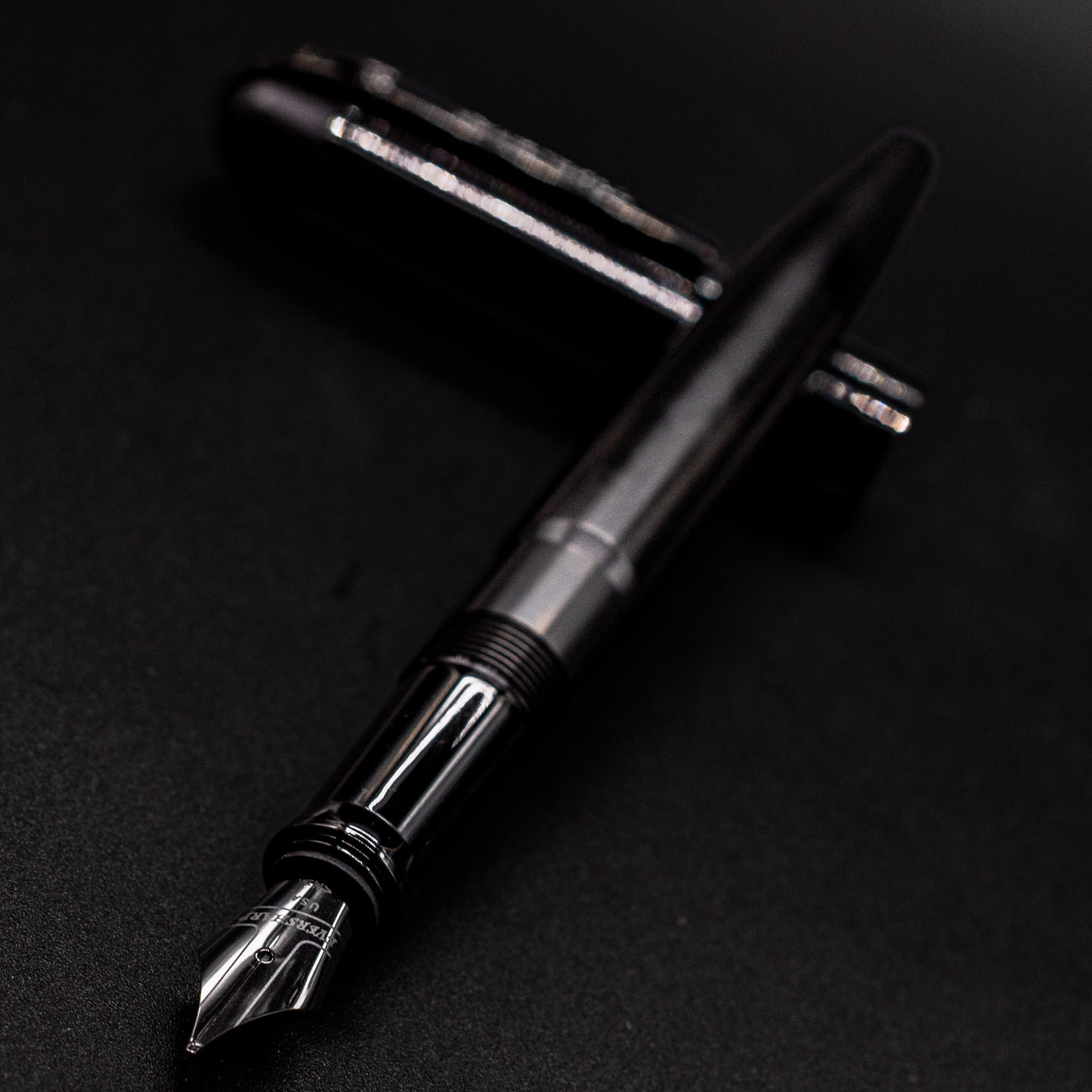 Side angle of the Wahl Eversharp Skyline Fountain Pen - Aviator Black showing nib and barrel design.