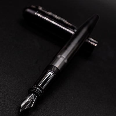 Side angle of the Wahl Eversharp Skyline Fountain Pen - Aviator Black showing nib and barrel design.