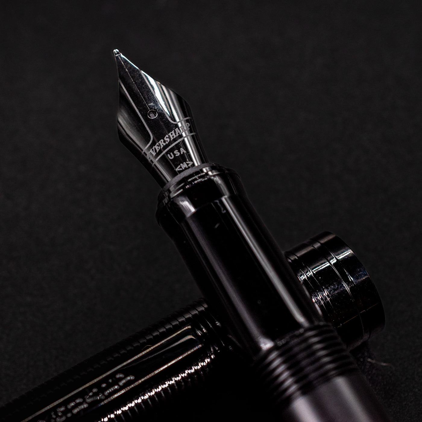 Close-up of the Wahl Eversharp Skyline Fountain Pen - Aviator Black nib with chrome-plated finish and USA engraving.