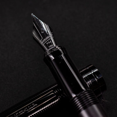 Close-up of the Wahl Eversharp Skyline Fountain Pen - Aviator Black nib with chrome-plated finish and USA engraving.