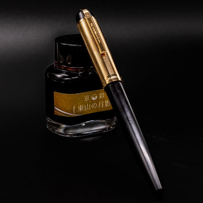 Capped Wahl Eversharp Skyline Fountain Pen - Black & Gold resting against a bottle of ink with gold label