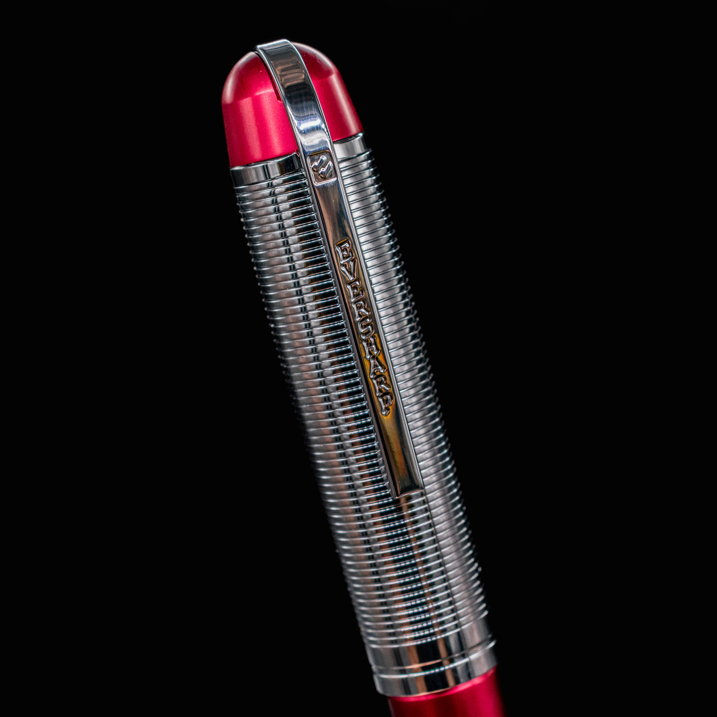 Close-up of the cap on the Wahl Eversharp Skyline Fountain Pen in Red & Chrome finish