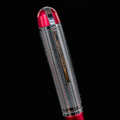 Close-up of the cap on the Wahl Eversharp Skyline Fountain Pen in Red & Chrome finish
